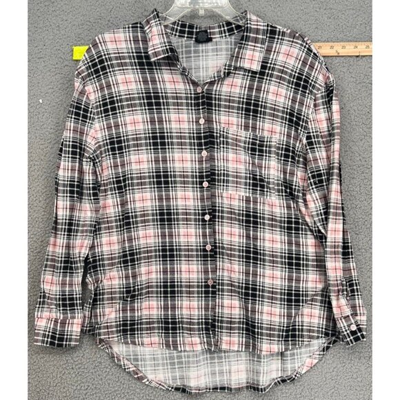 Rue 21 Women's Black/Pink Plaid Button Down Long Sleeve Stretch Shirt Size XL - Picture 1 of 10